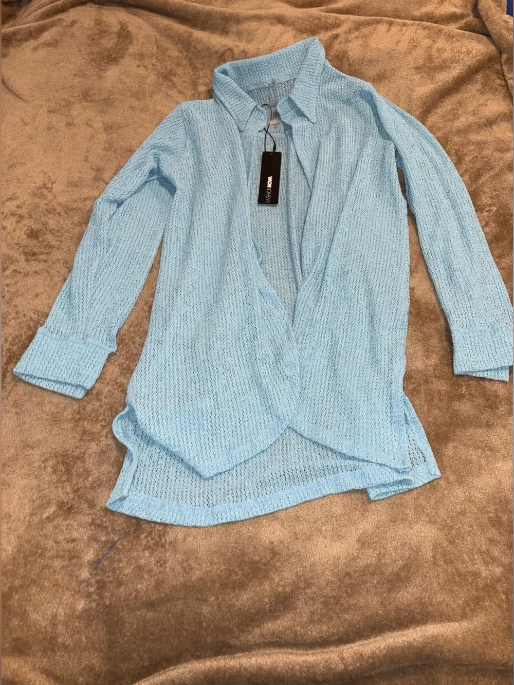 Fashion Nova Light Blue Open-Weave Collared Cardigan CoverUp